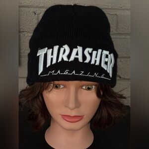 Thrasher Black Beanie with White Embroidered Logo -Unisex